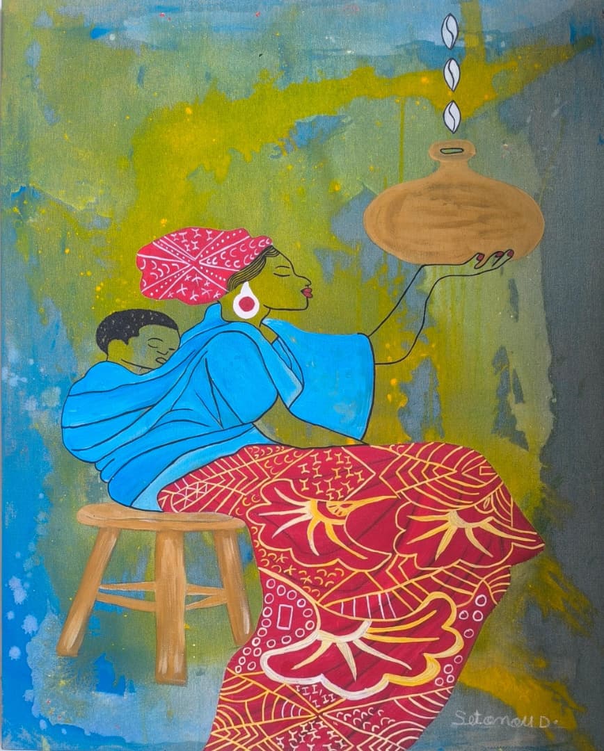 Porter l’avenir, 2026, Acrylique sur toile, 100 × 80 cm, par Setonou Djédatin